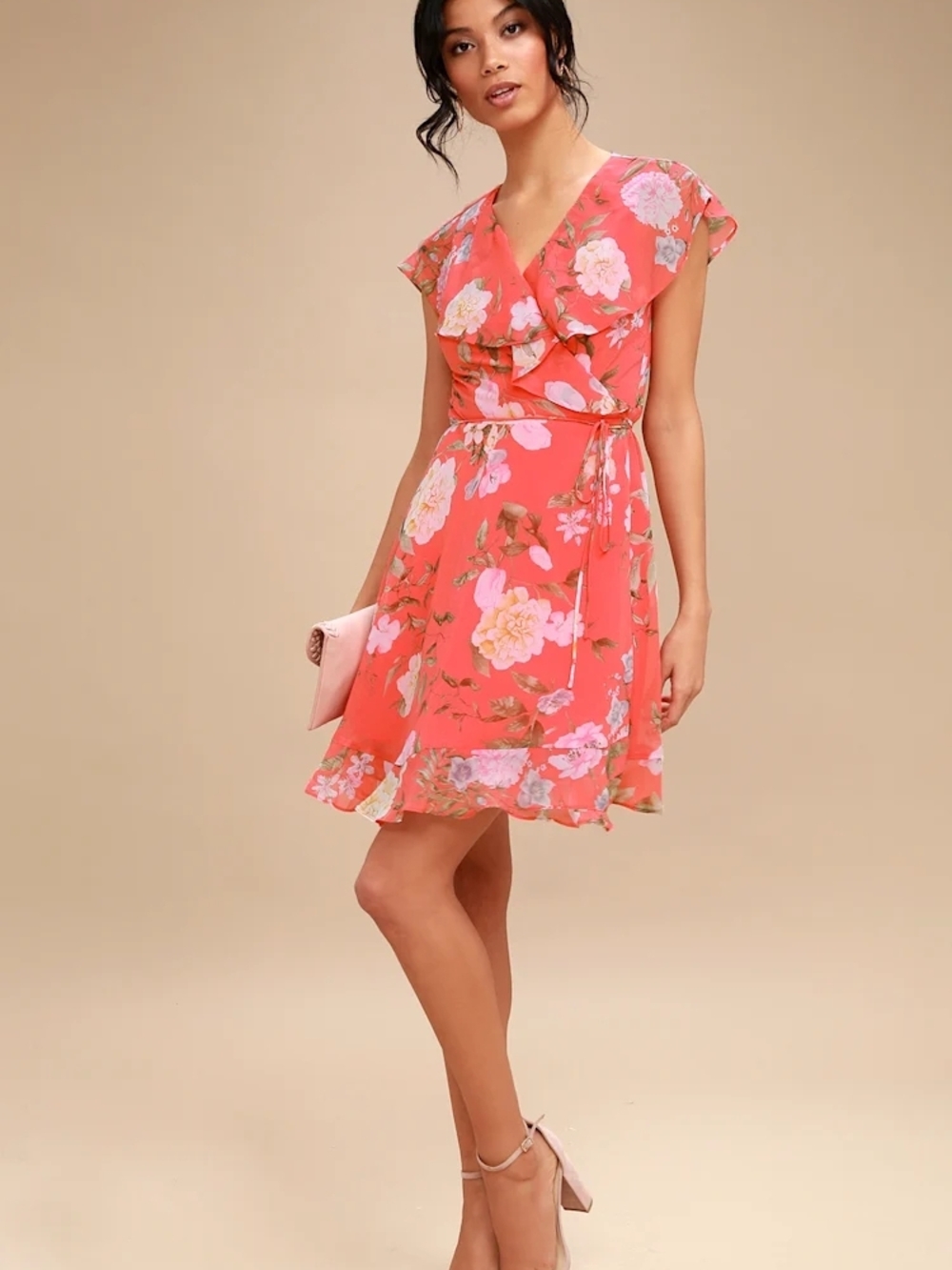 Lulus Meet Me In The Garden Coral Floral Wrap Dress - Medium